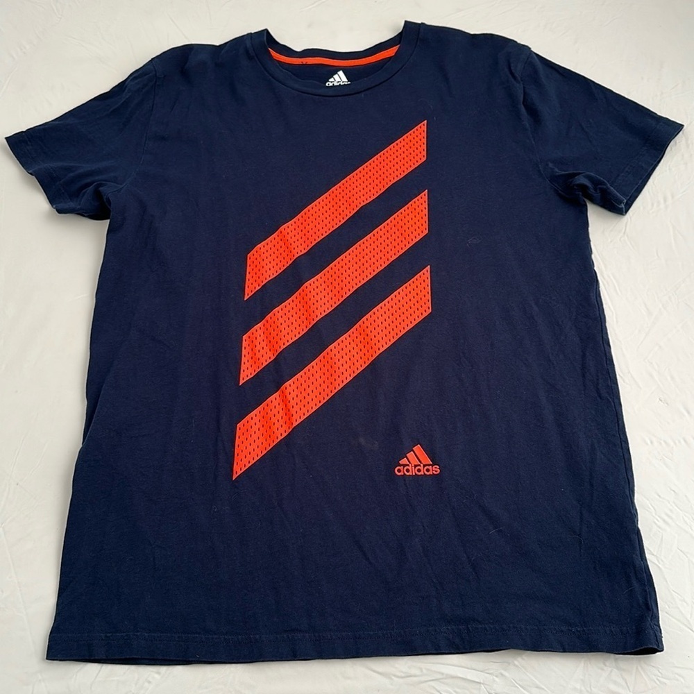 Adidas navy blue with orange logo crew neck short sleeve t-shirt